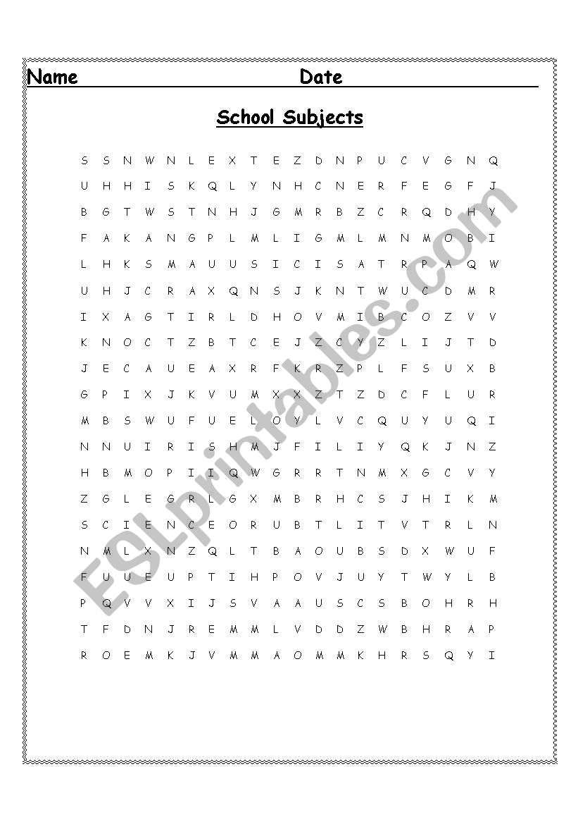 School subject wordsearch worksheet