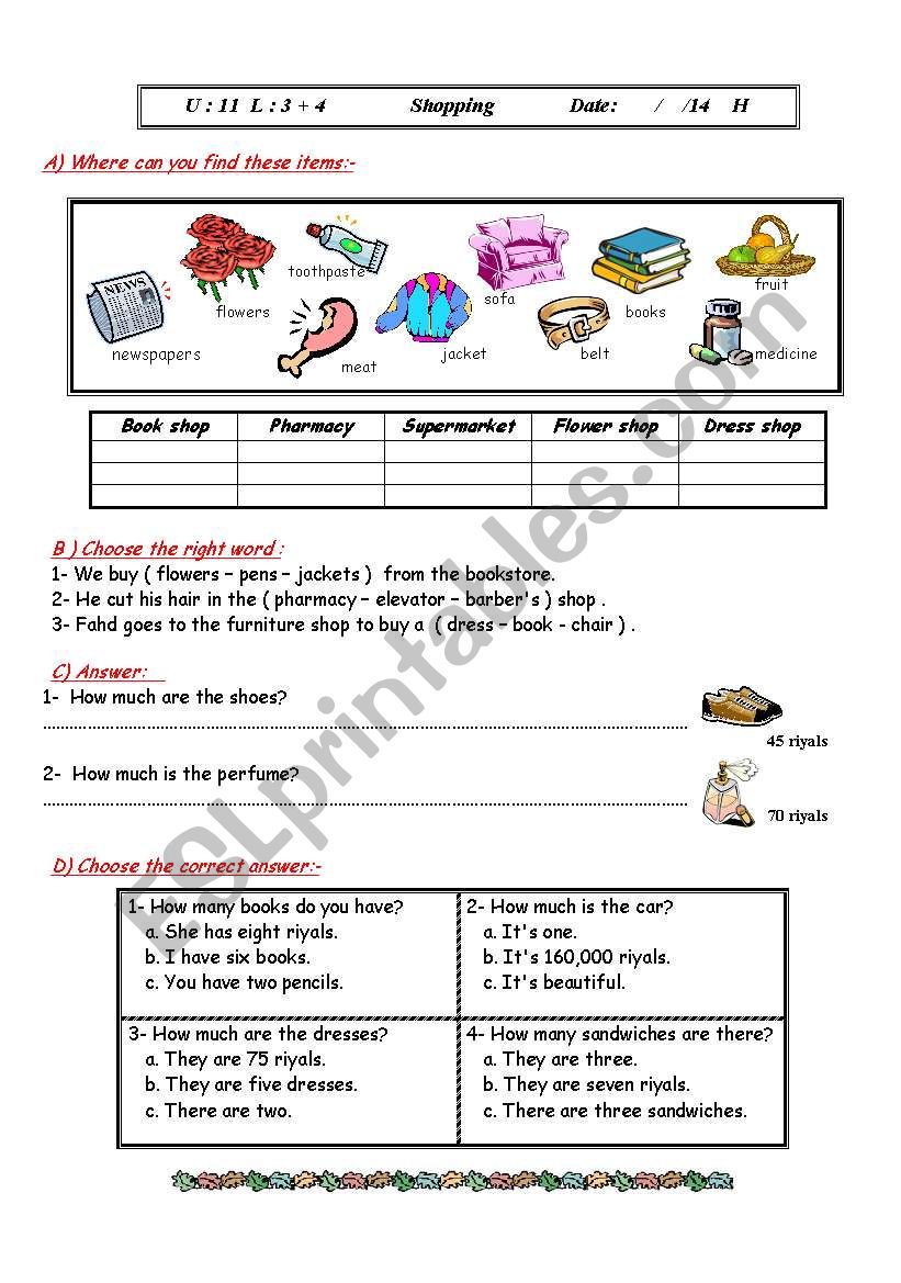 shopping worksheet