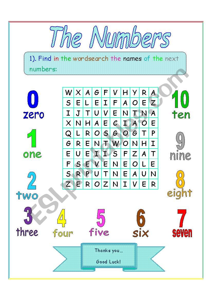 The numbers wordsearch worksheet