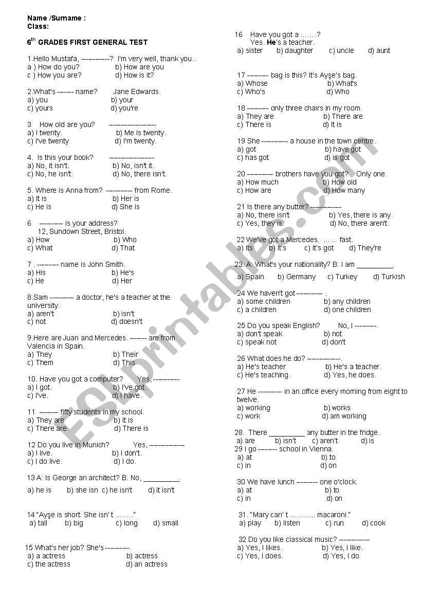 6TH YEAR SBS TEST worksheet