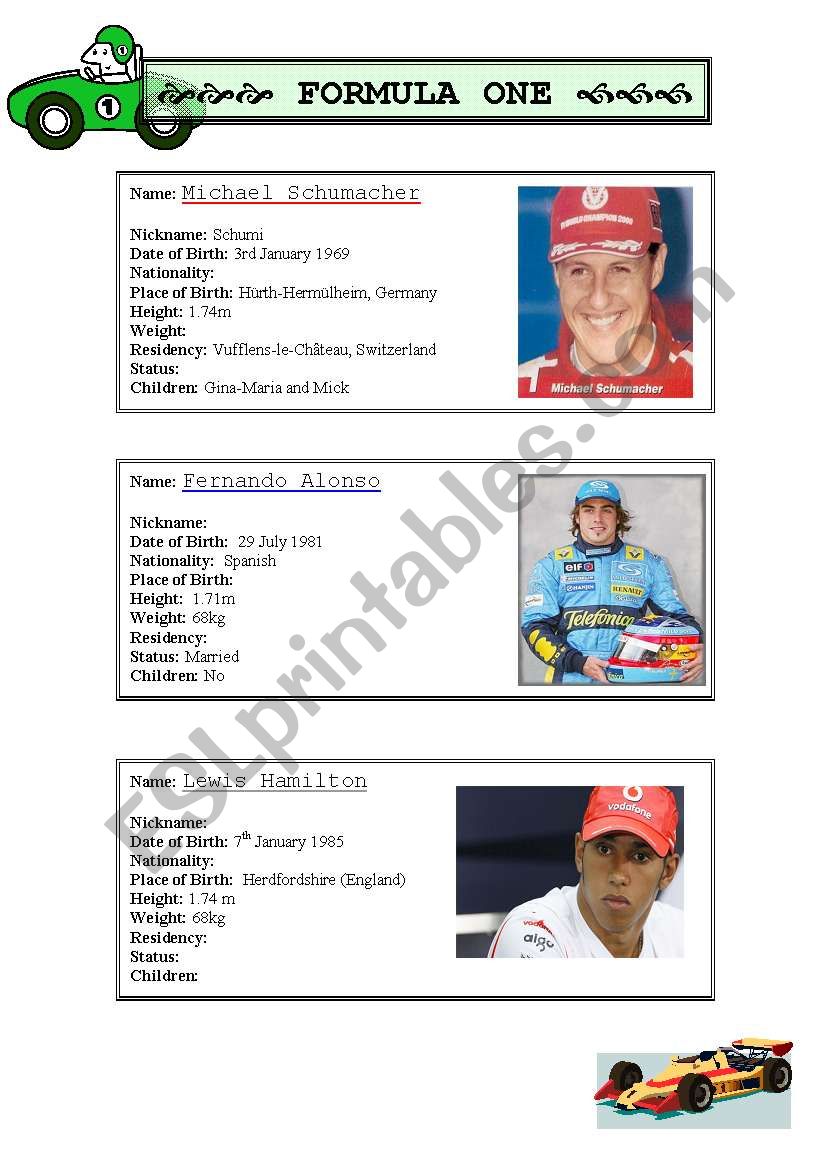 Formula One worksheet