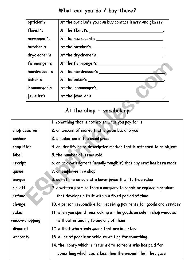 What can you do/buy there? worksheet