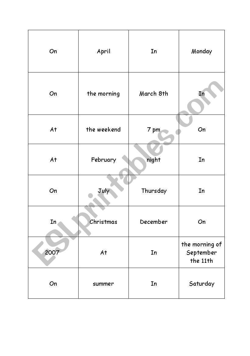 Time Prepositions Bingo worksheet