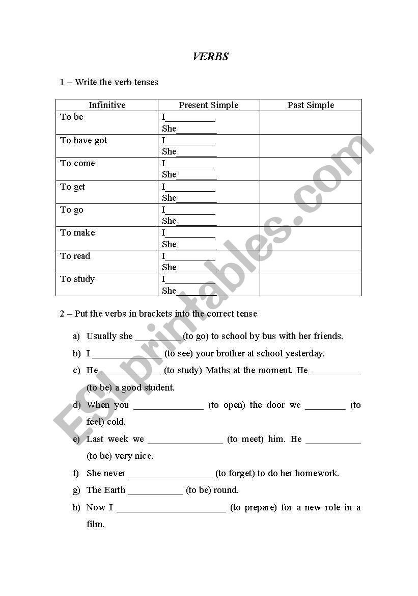 Verbs worksheet