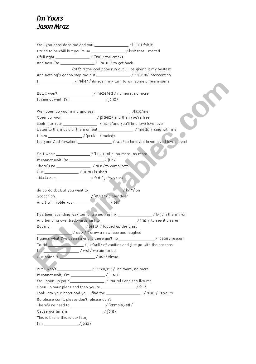 IÂ´m Yours - Jason  Mraz worksheet
