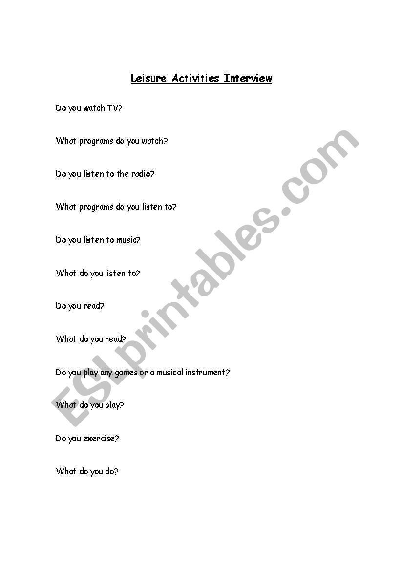 Leisure Activities Interview worksheet