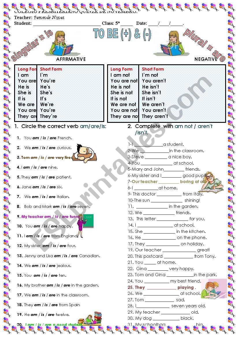 VERB TO BE (+ )  &  (-) worksheet