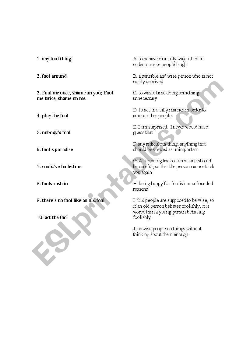 Fool Idioms worksheet