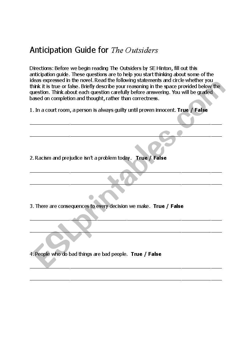English Worksheets Anticipation Guide For The Outsiders By SE Hinton English Worksheets Anticipation Guide For The Outsiders By SE Hinton