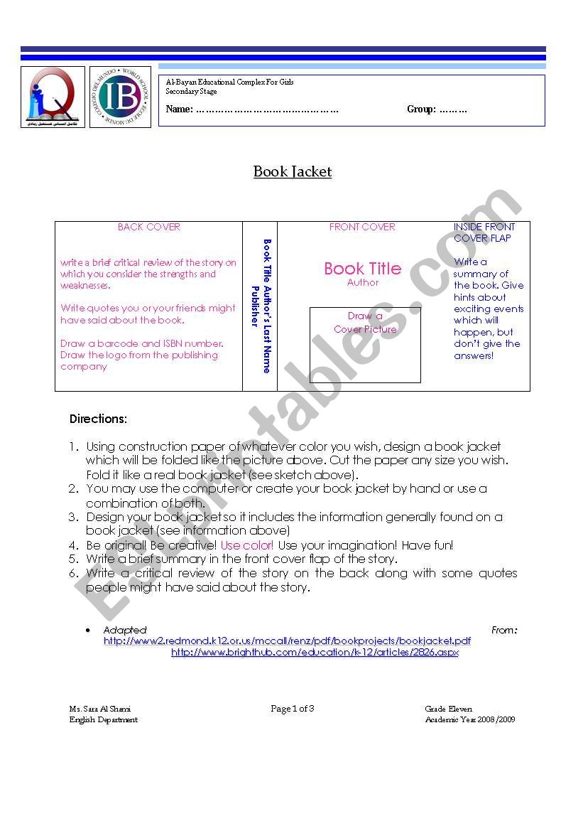 Book Jacket worksheet