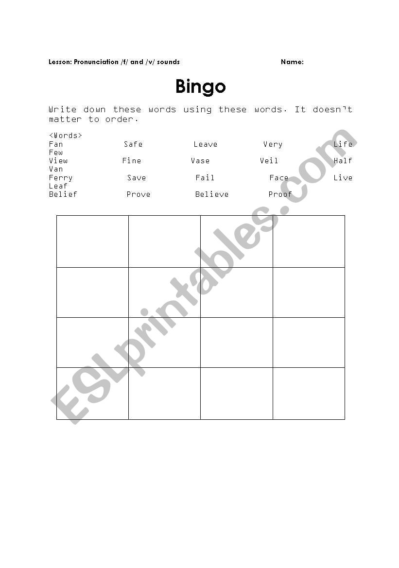 bingo activity about pronunciation