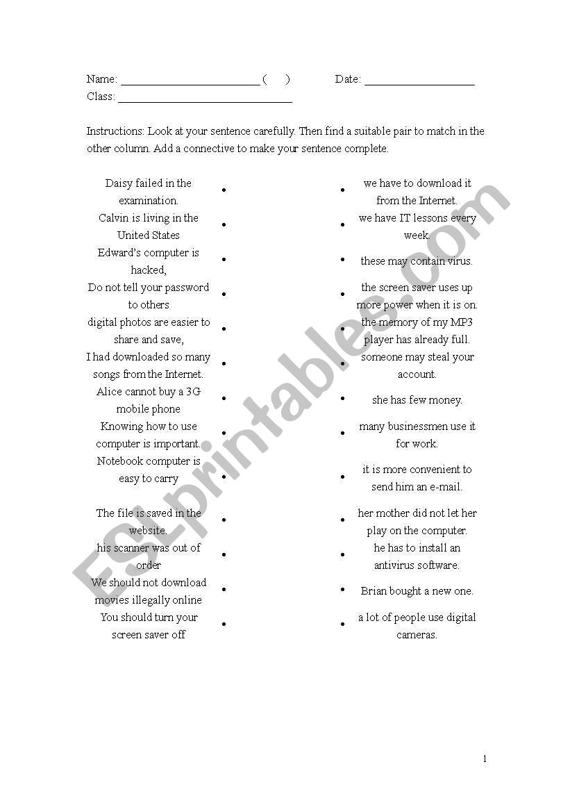 Connectives of Reason and Result Worksheet