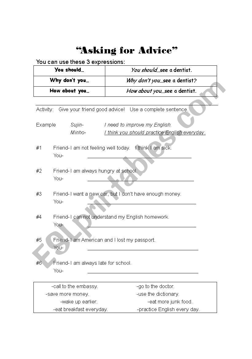 Giving Advice worksheet
