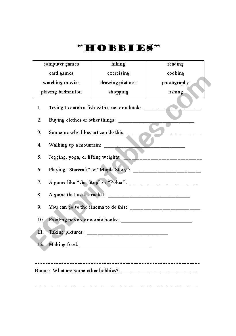 Hobbies worksheet