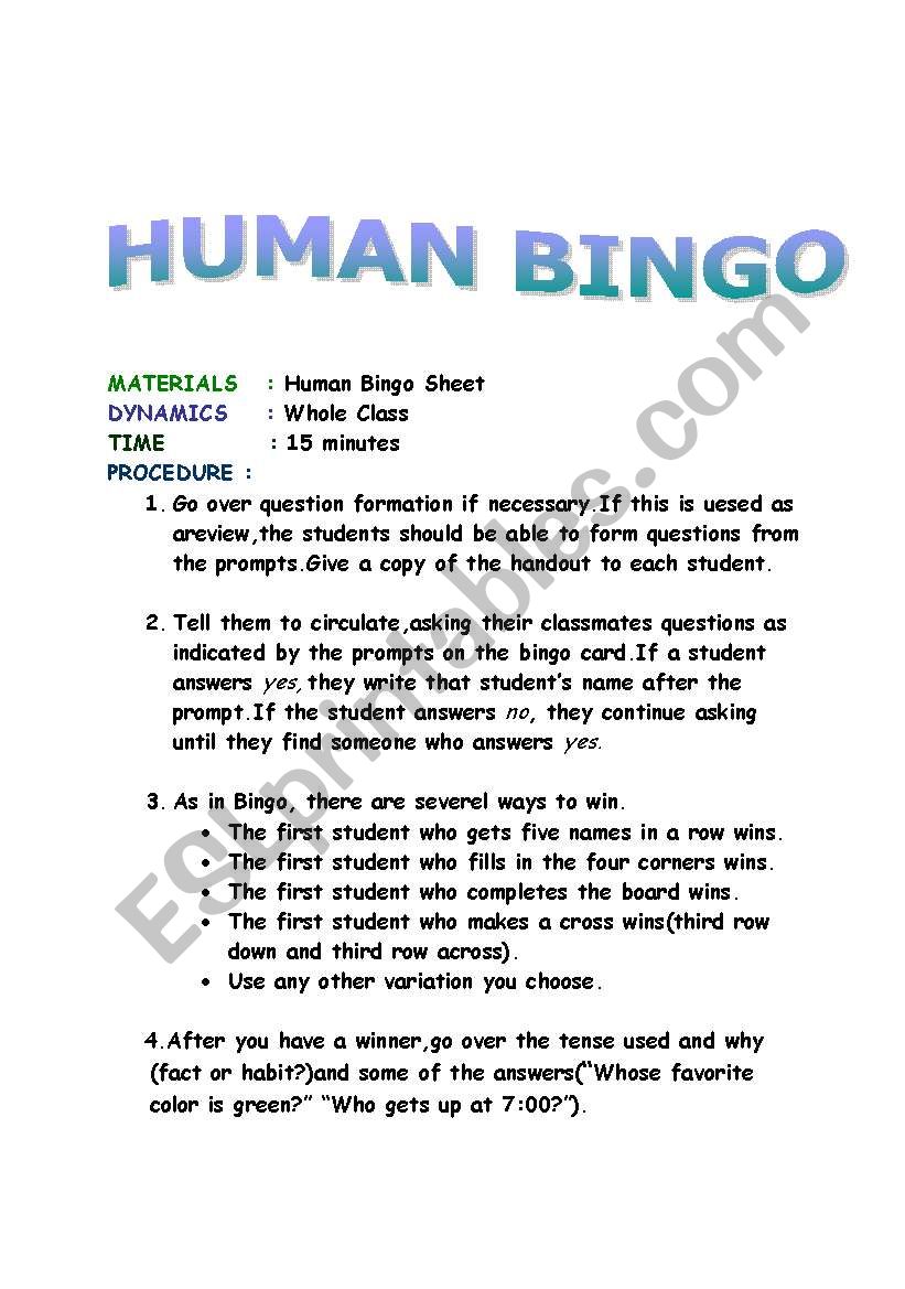 HUMAN BINGO worksheet