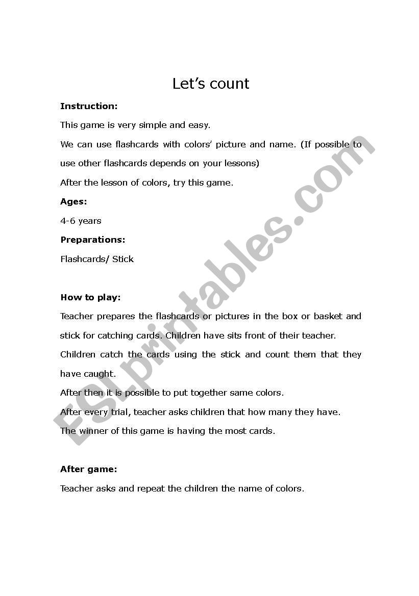 Count game with flash cards worksheet