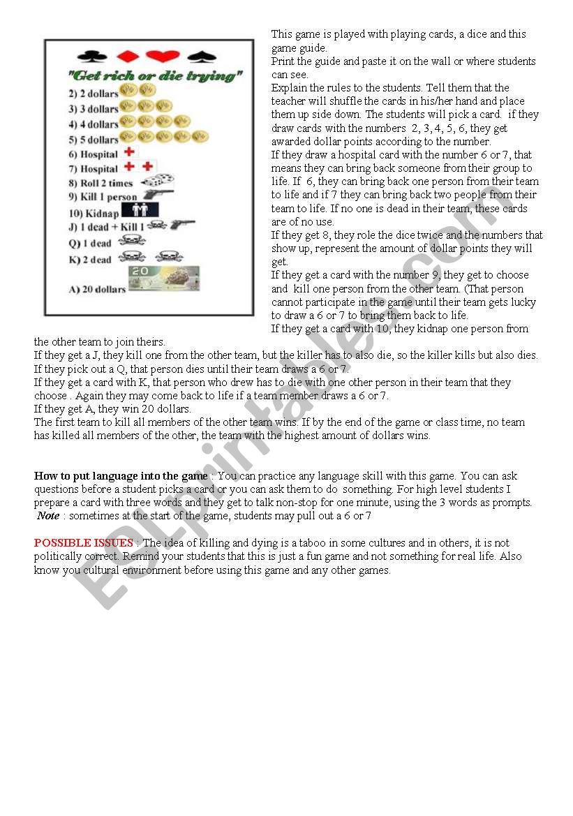 Get rich or die young worksheet