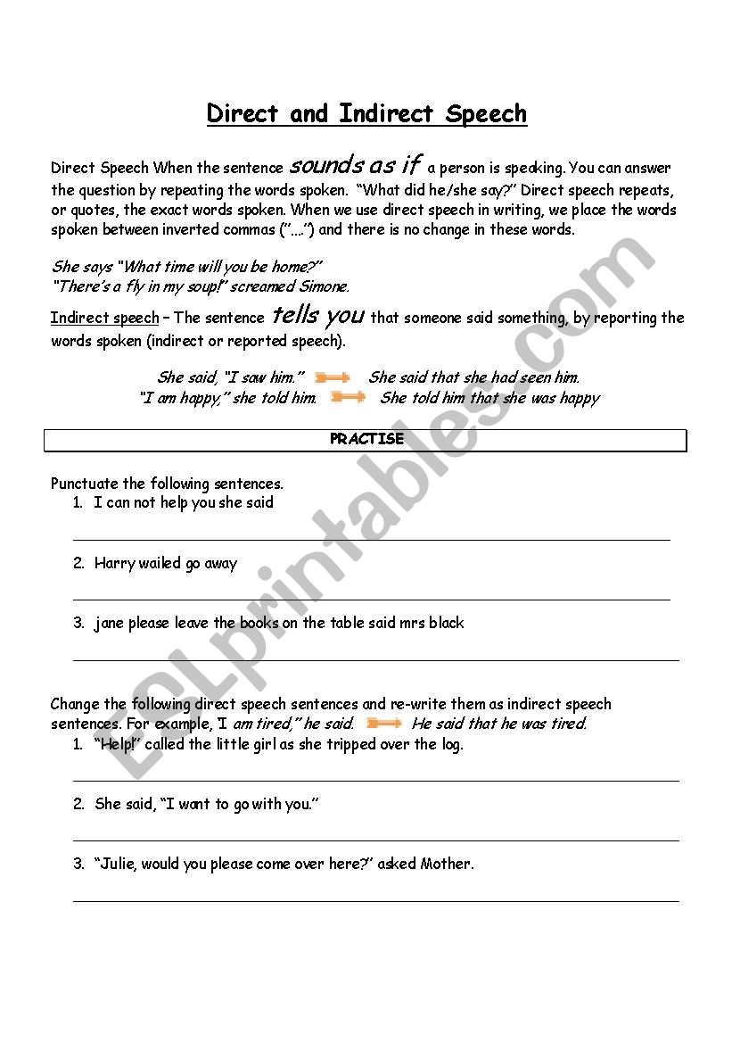 Direct and Indirect Speech worksheet