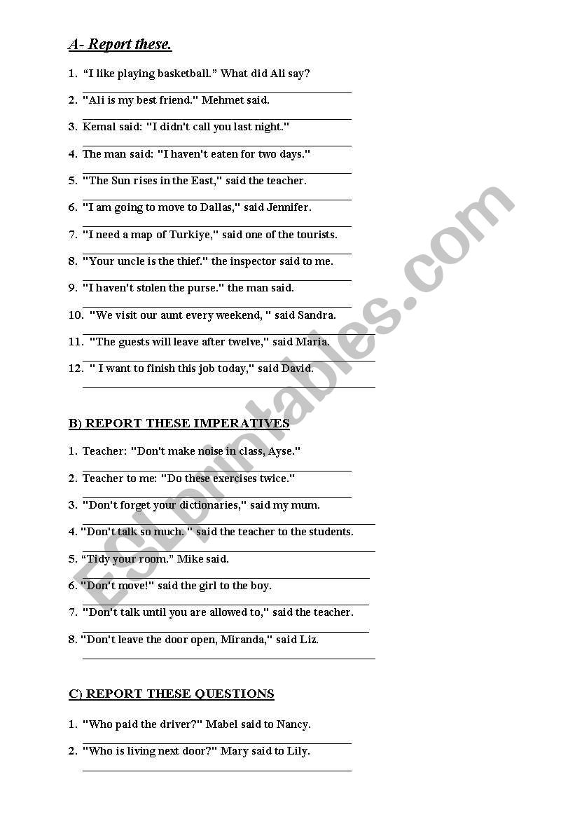 reported speech worksheet