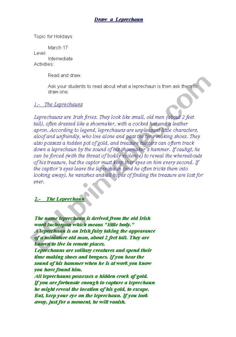 DRAW A LEPRECHAUN worksheet