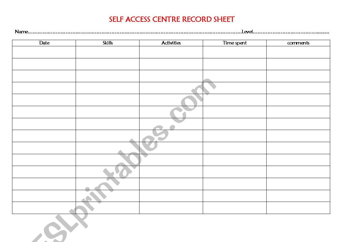 Self access centre sheet worksheet