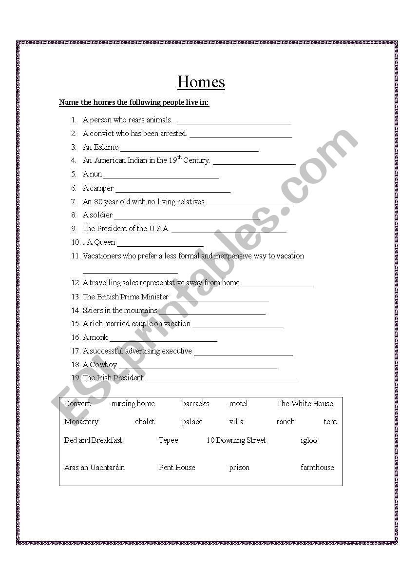 Homes worksheet