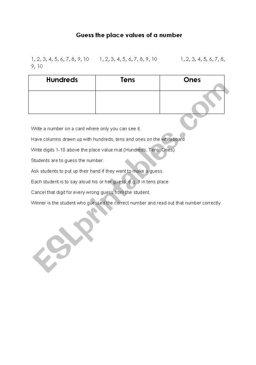 Place Values Game worksheet