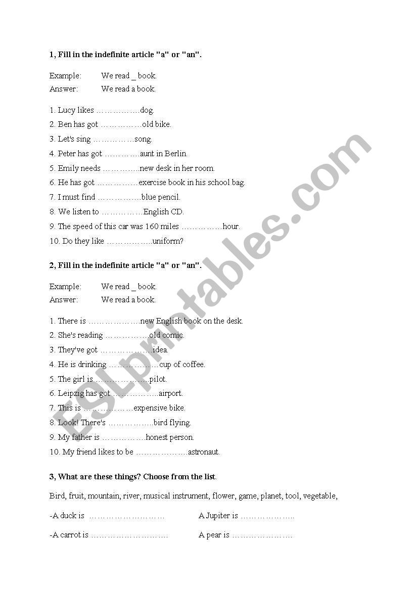 Articles worksheet