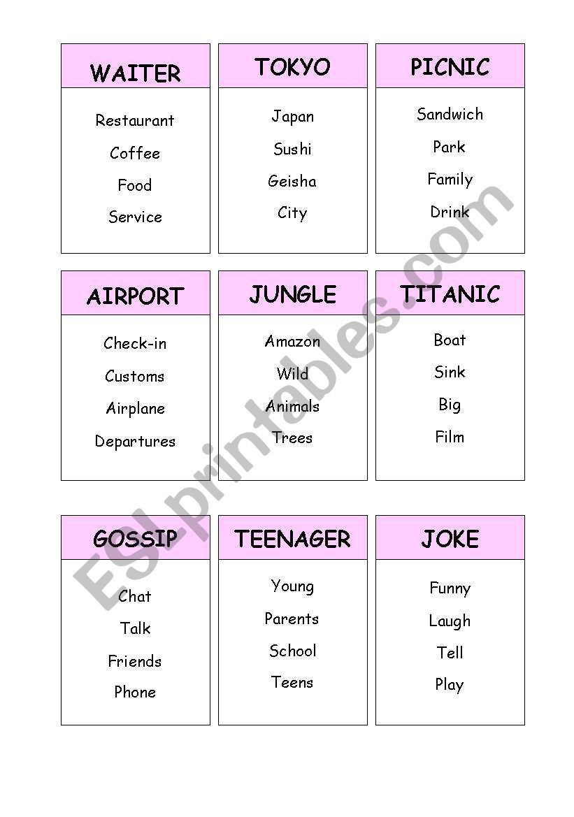 Taboo Game Cards  worksheet