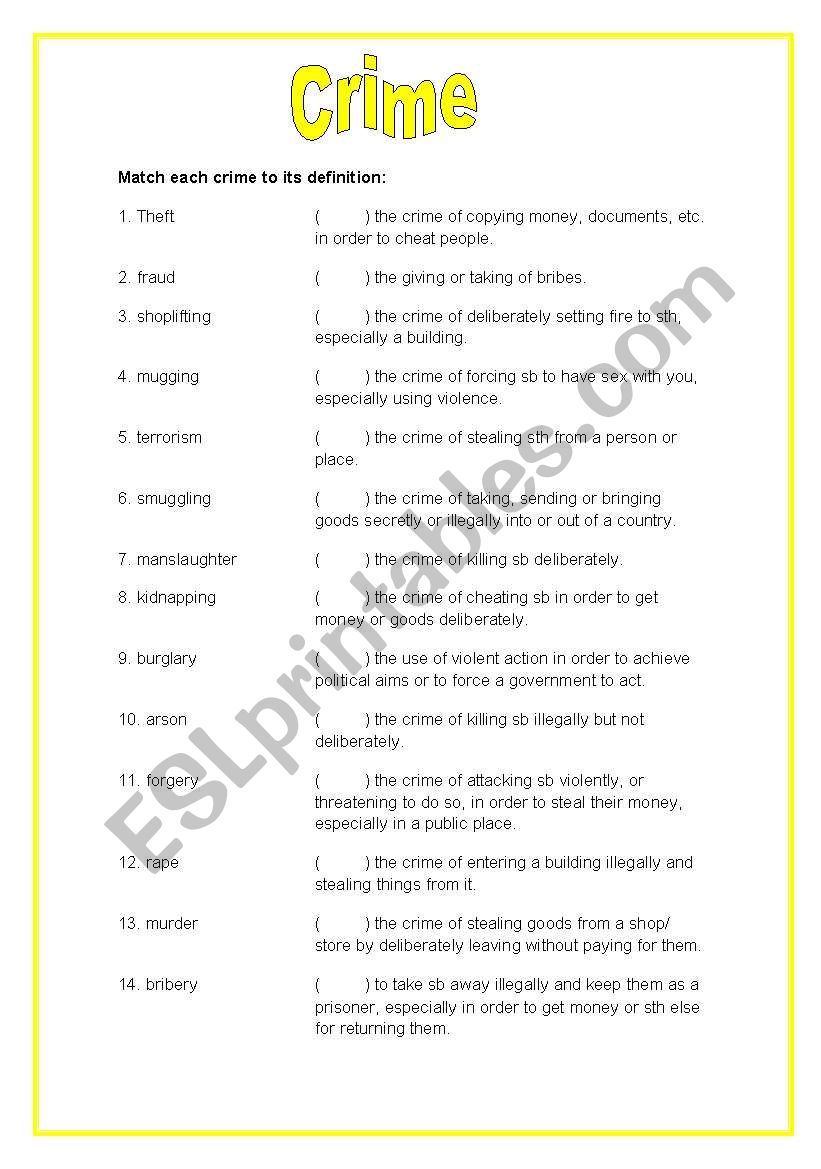 Different crimes worksheet