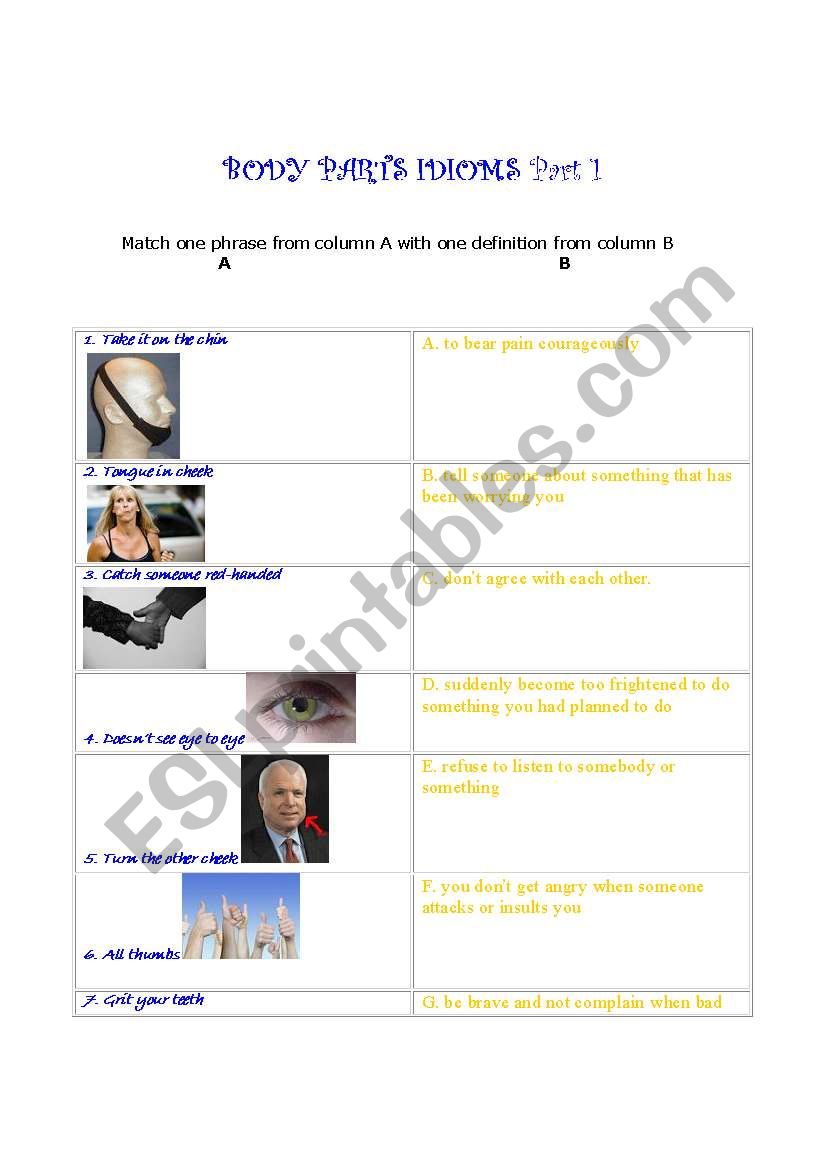 BODY PARTS IDIOMS 1 worksheet