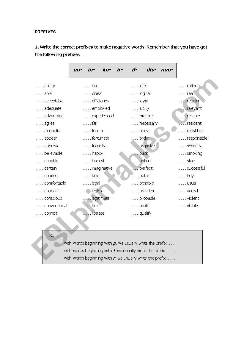 prefixes worksheet