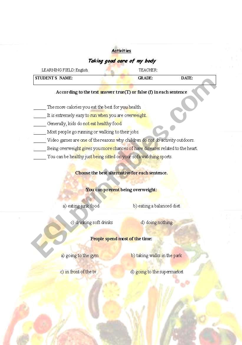 I love my body worksheet