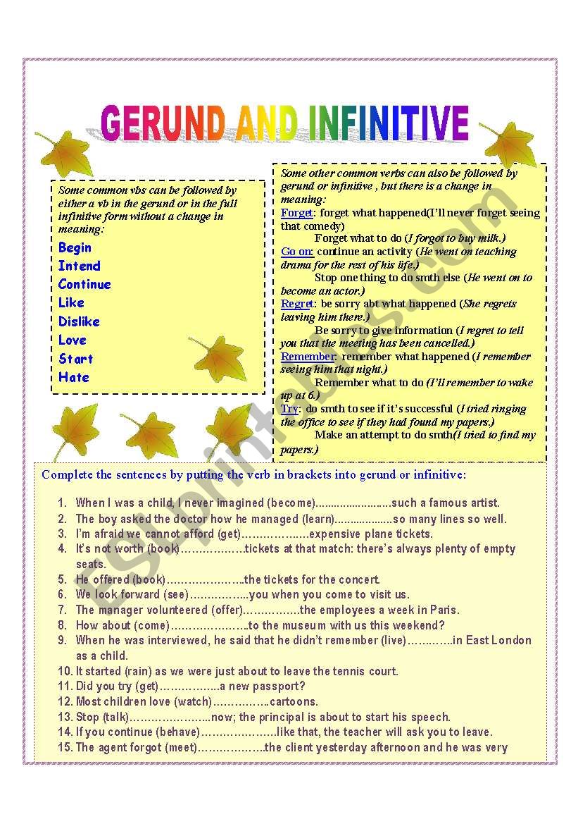 Gerund and Infinitive worksheet