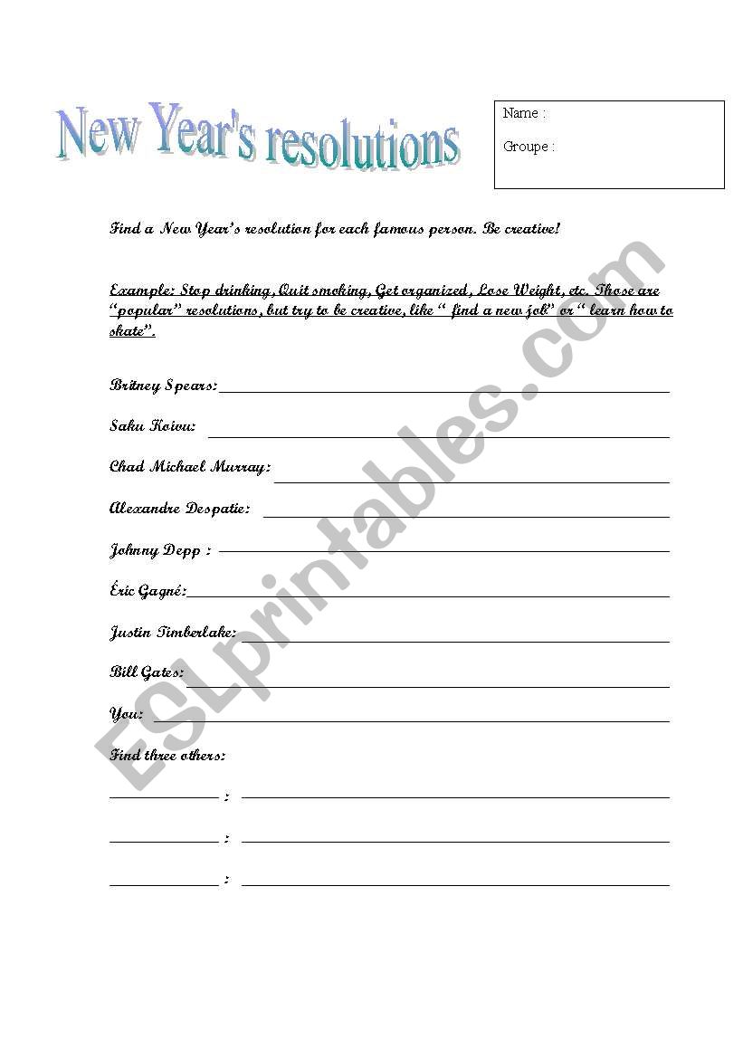 New Years resolutions worksheet