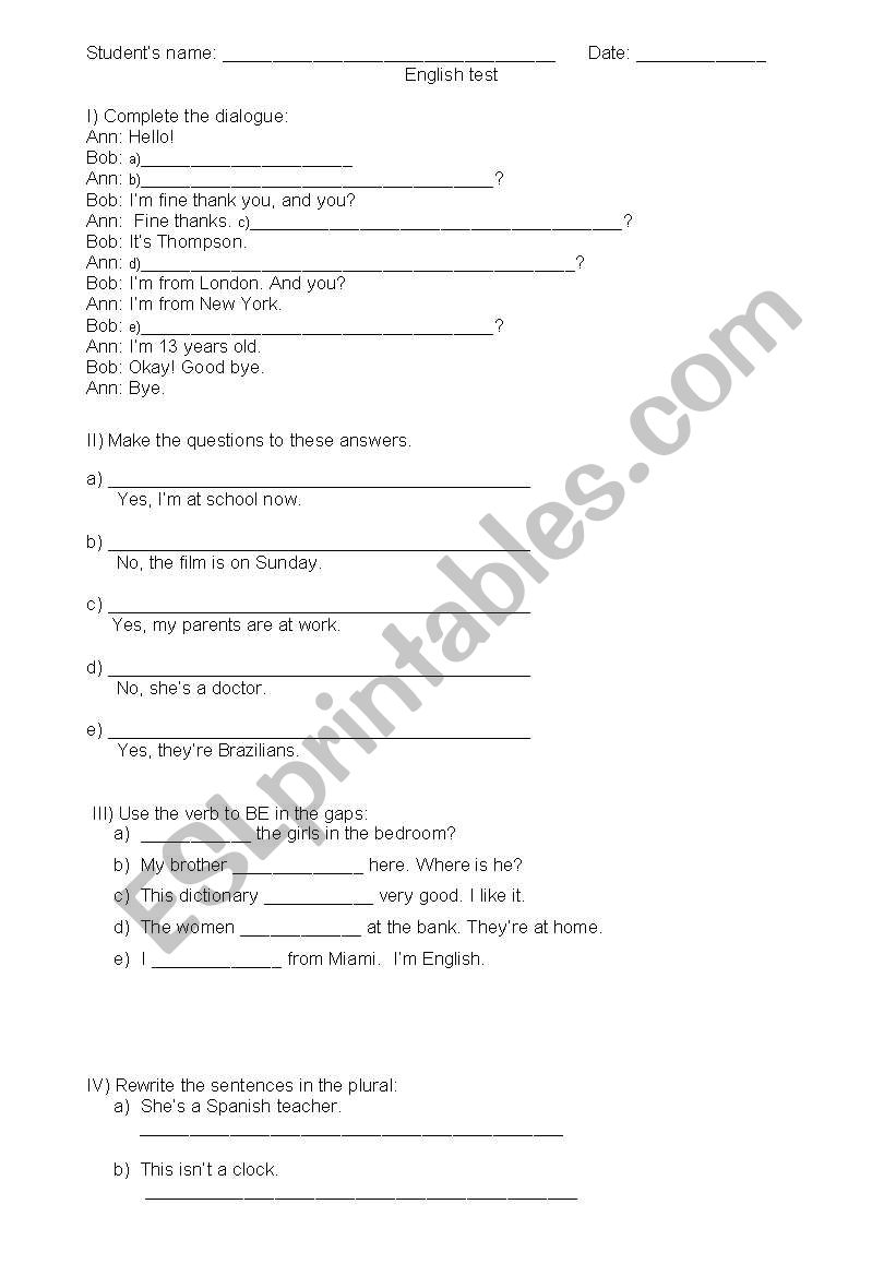 test for beginners worksheet