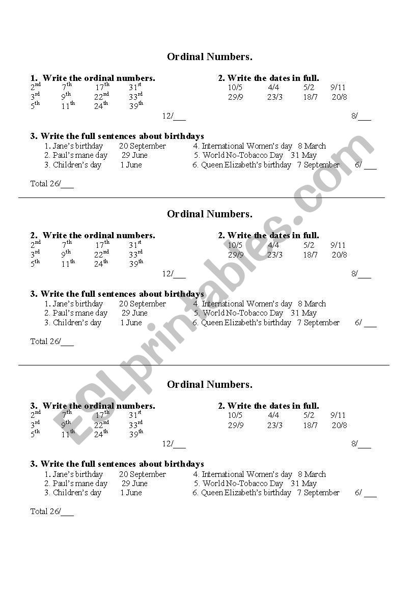 ordinsl numbers/dates worksheet