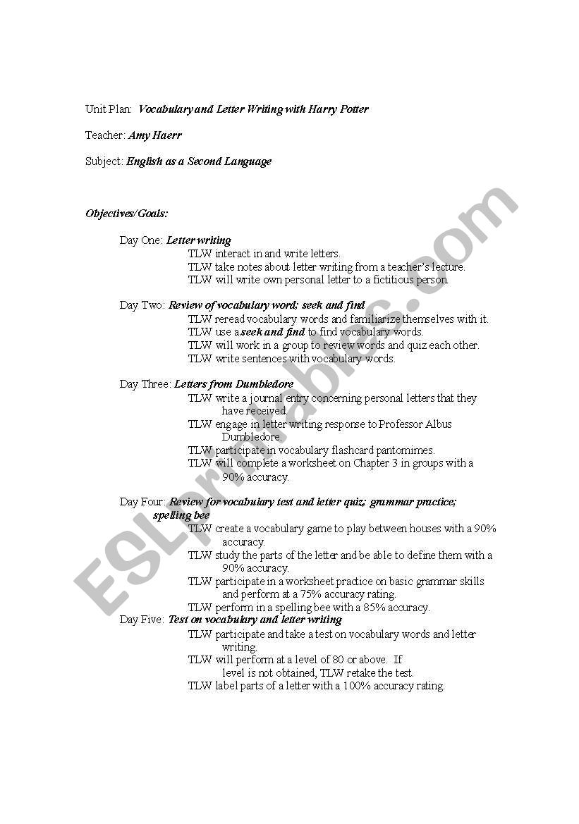 Unit Outline for Harry Potter and the Sorcerers Stone