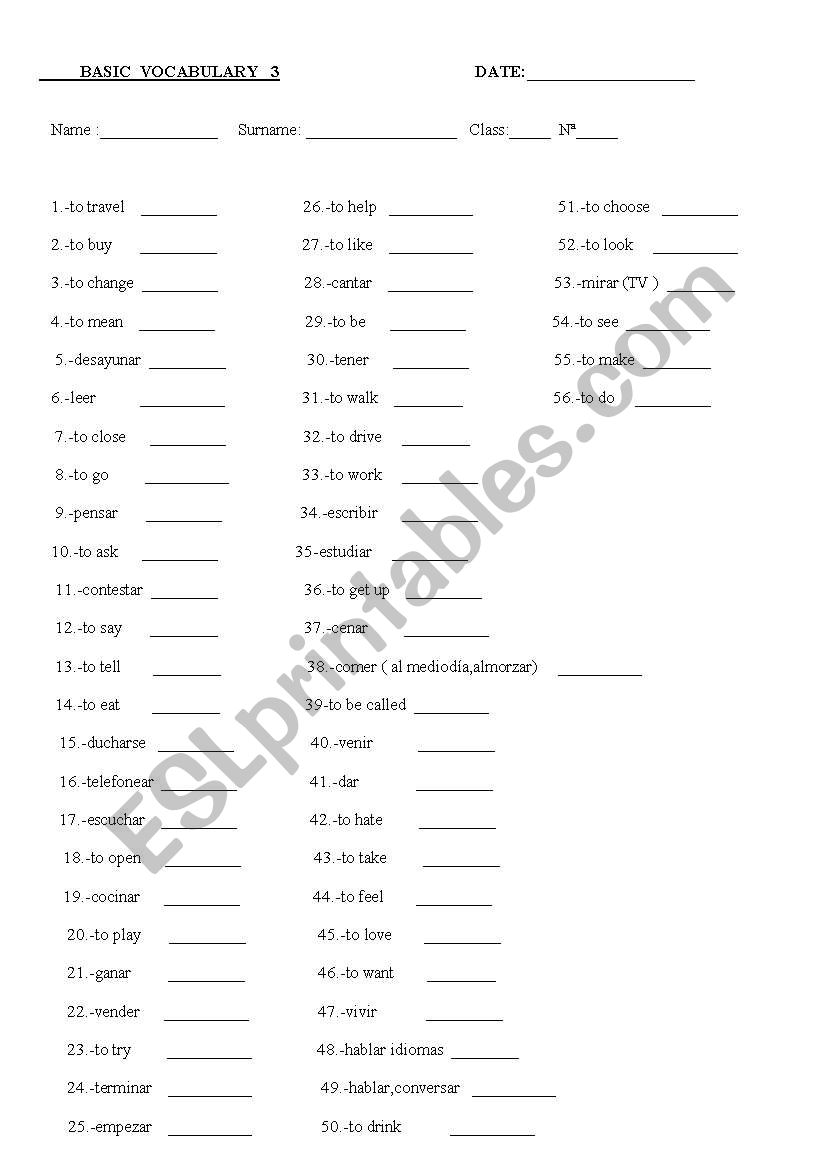 Basis vocabulary 3 worksheet