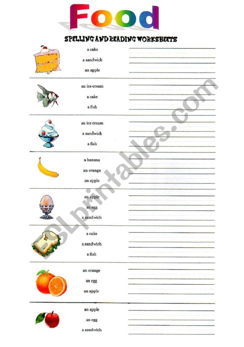 Food items worksheet