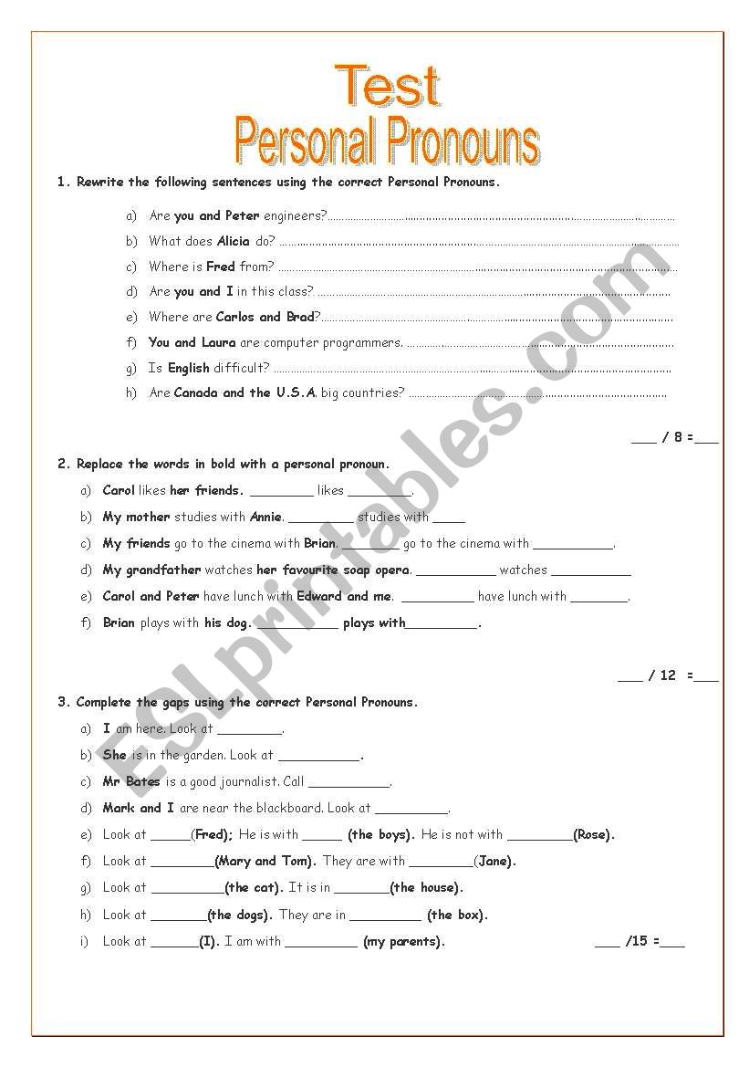 Personla pronouns worksheet