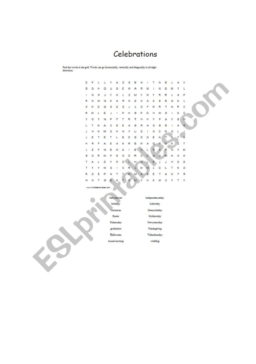 Celebrations worksheet