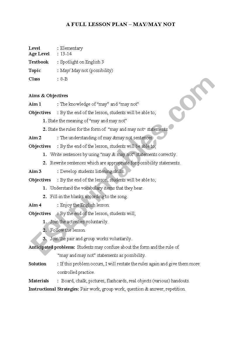 may/may not lesson plan worksheet