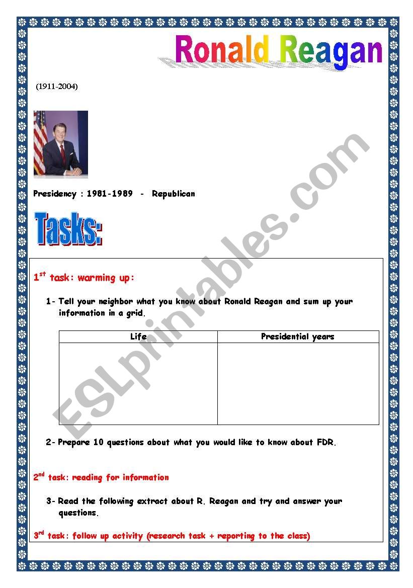 Ronald Reagan: American civilisation PROJECT (task-based, printer friendly version) (5 pages)