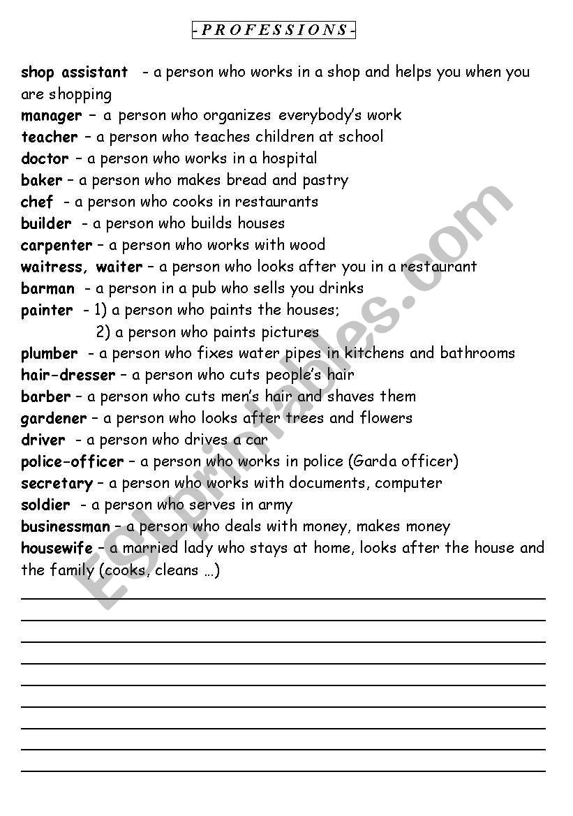 List of Professions worksheet