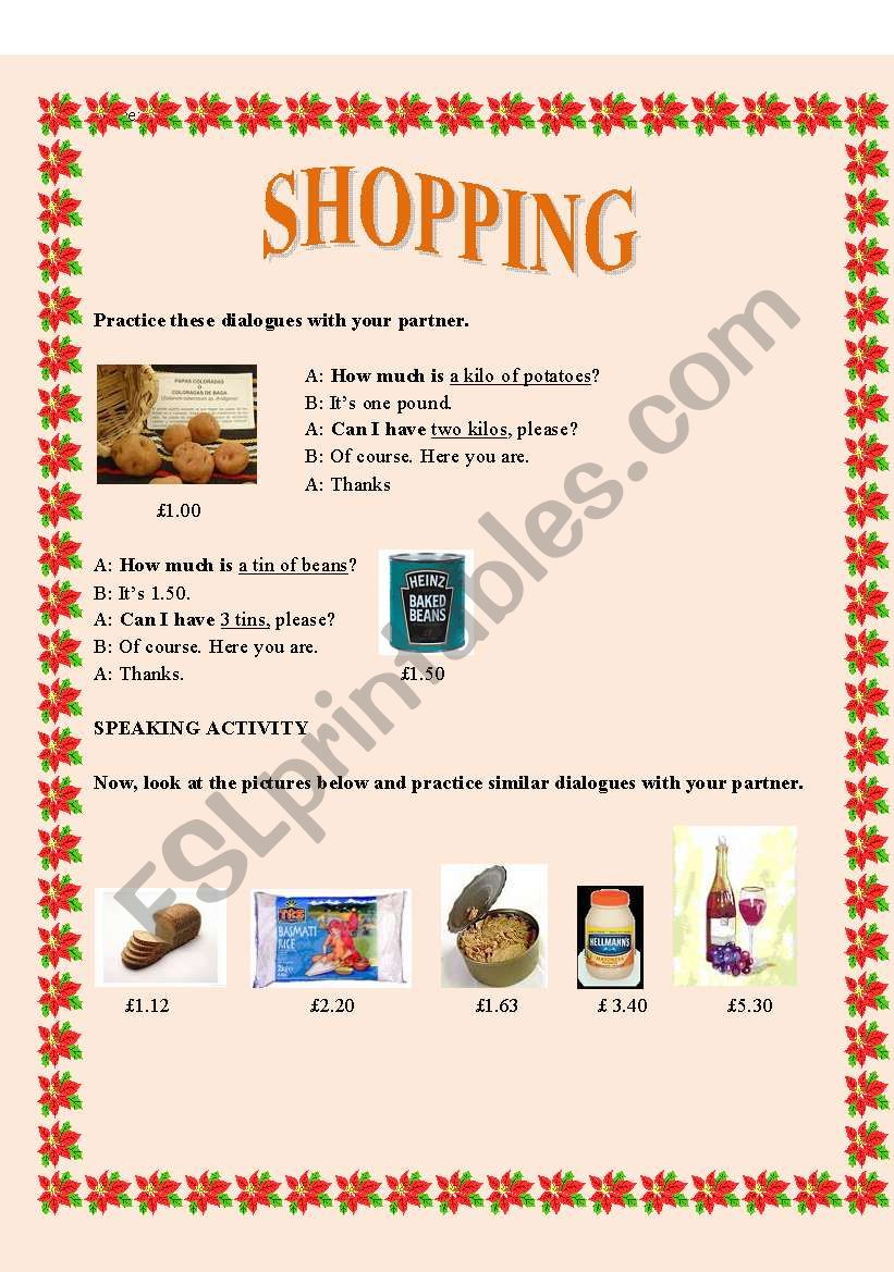 Shopping worksheet