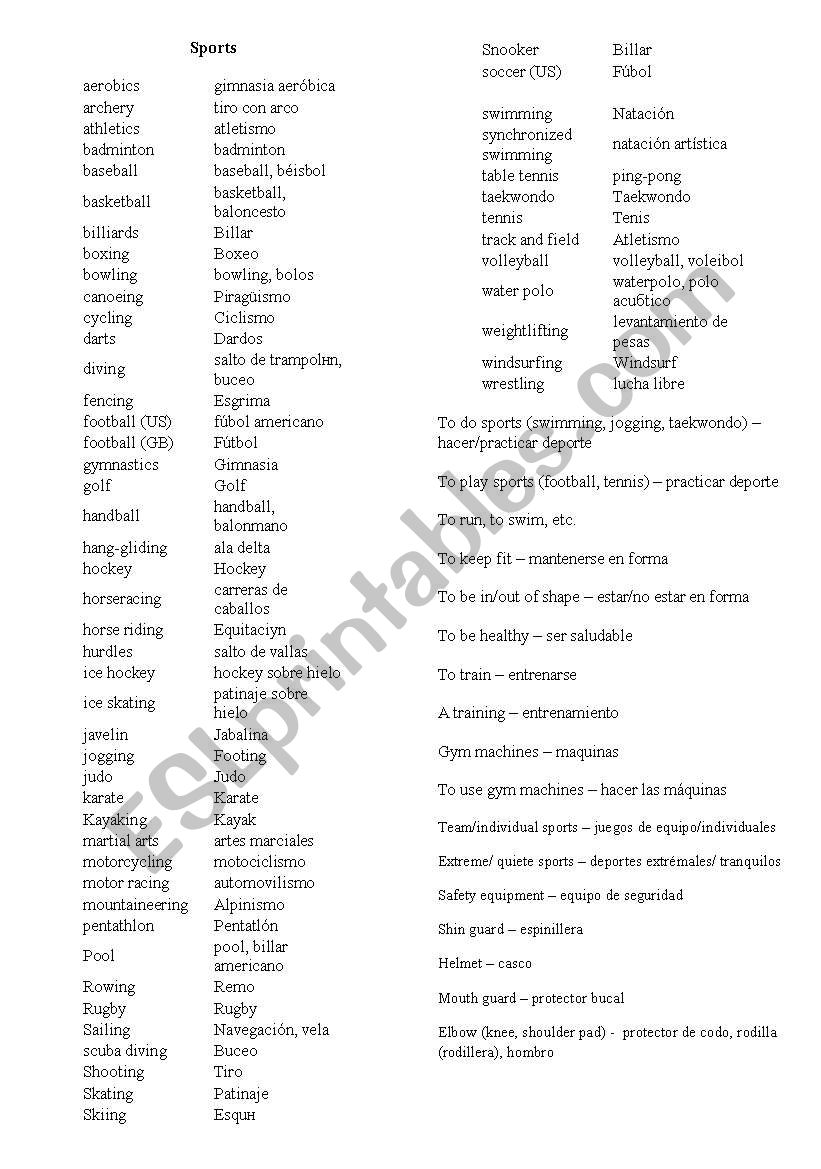 sport vocabulary worksheet