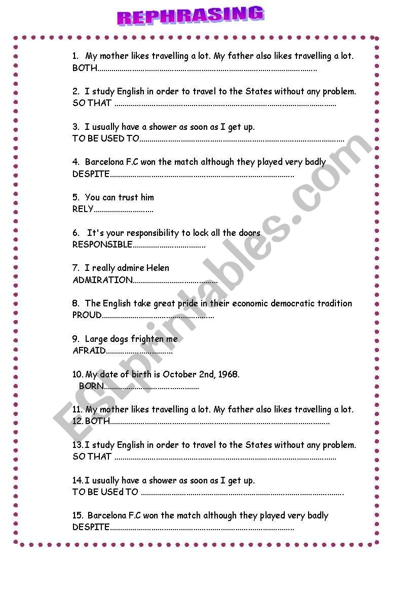 Rephrasing sentences FCE worksheet