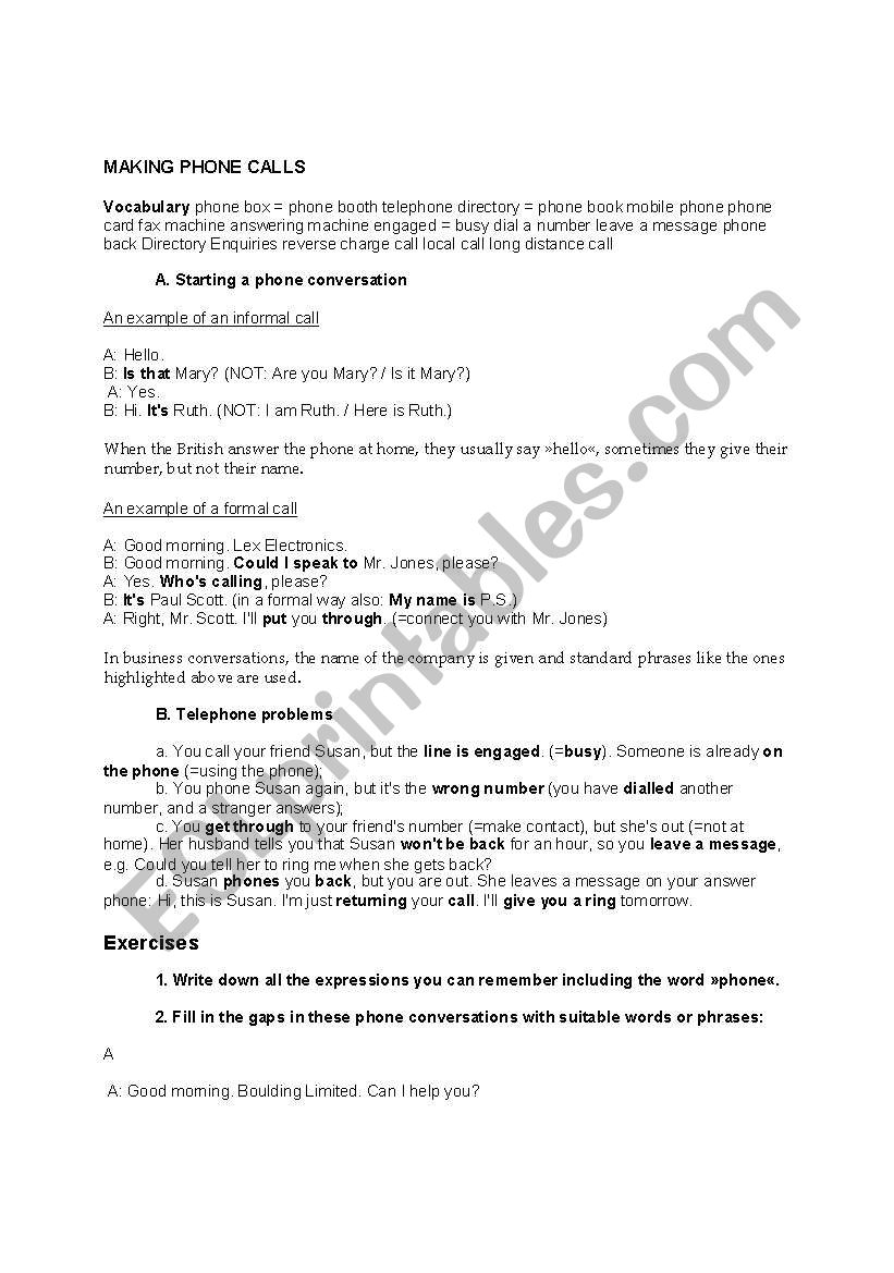 Making a phone call worksheet