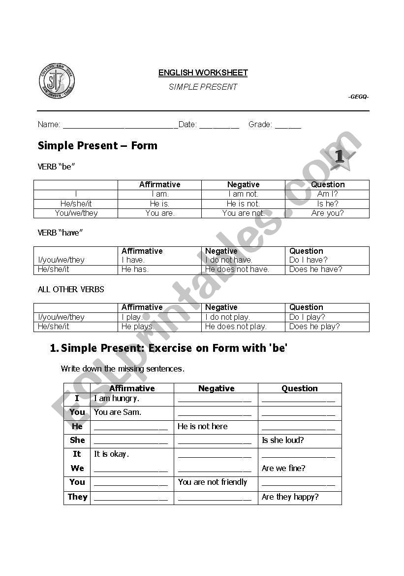 Present simple form worksheet